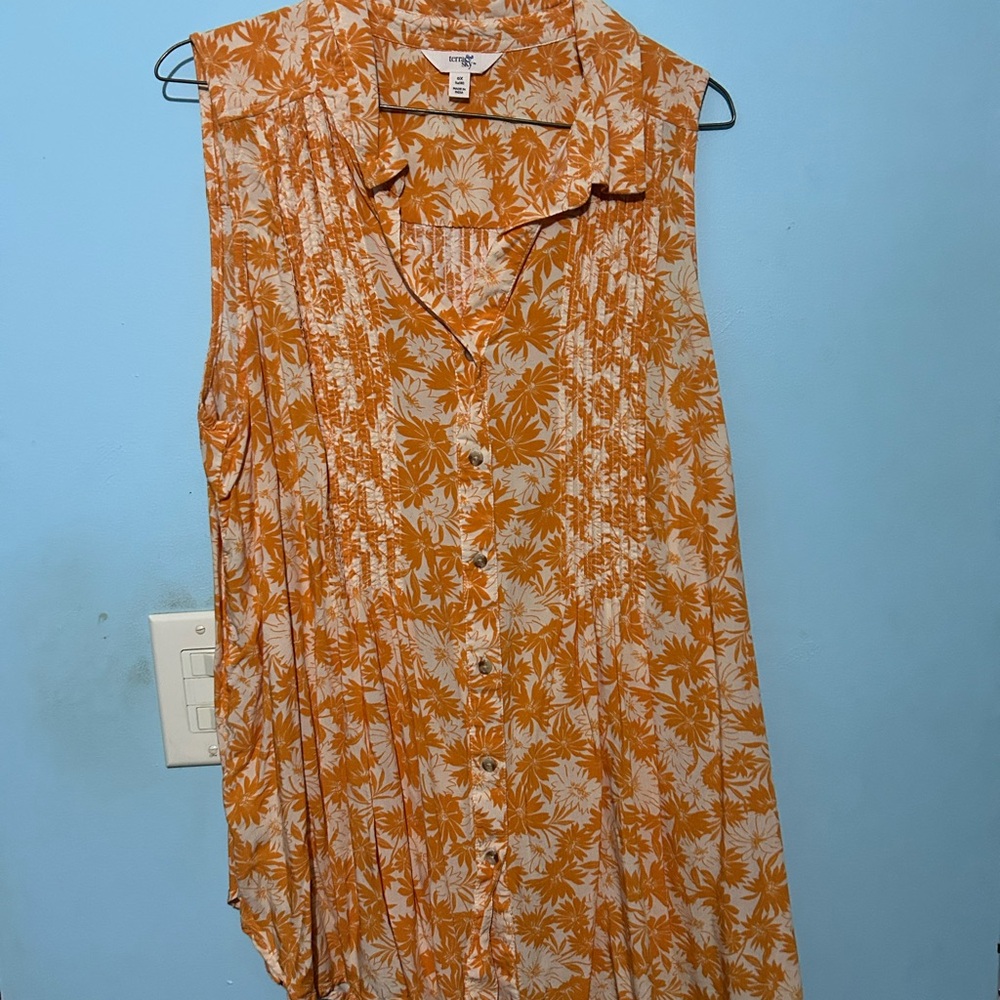 Terra & Sky Orange Pleated Button-Up Blouse